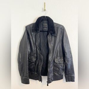 Allsaints Black Leather Bomber Aviator Flight Jacket with Shearling Collar Small